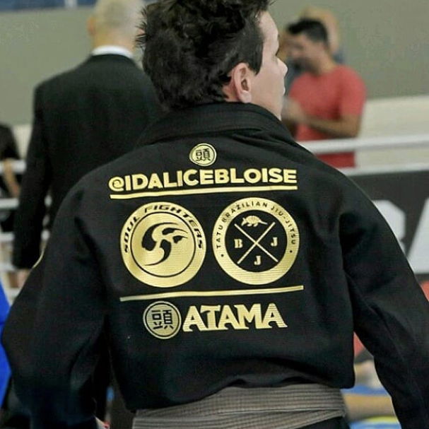 Custom name patch on the back of a black Atama BJJ Gi